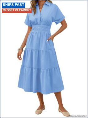 Women Summer Short Sleeve V Neck Smocked Waist Maxi Dress with Pockets